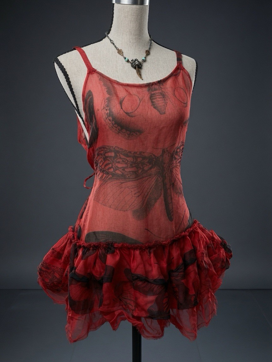 Krista Larson True Red Short Pinwheel Slip Sheer Dragonfly Print One Size