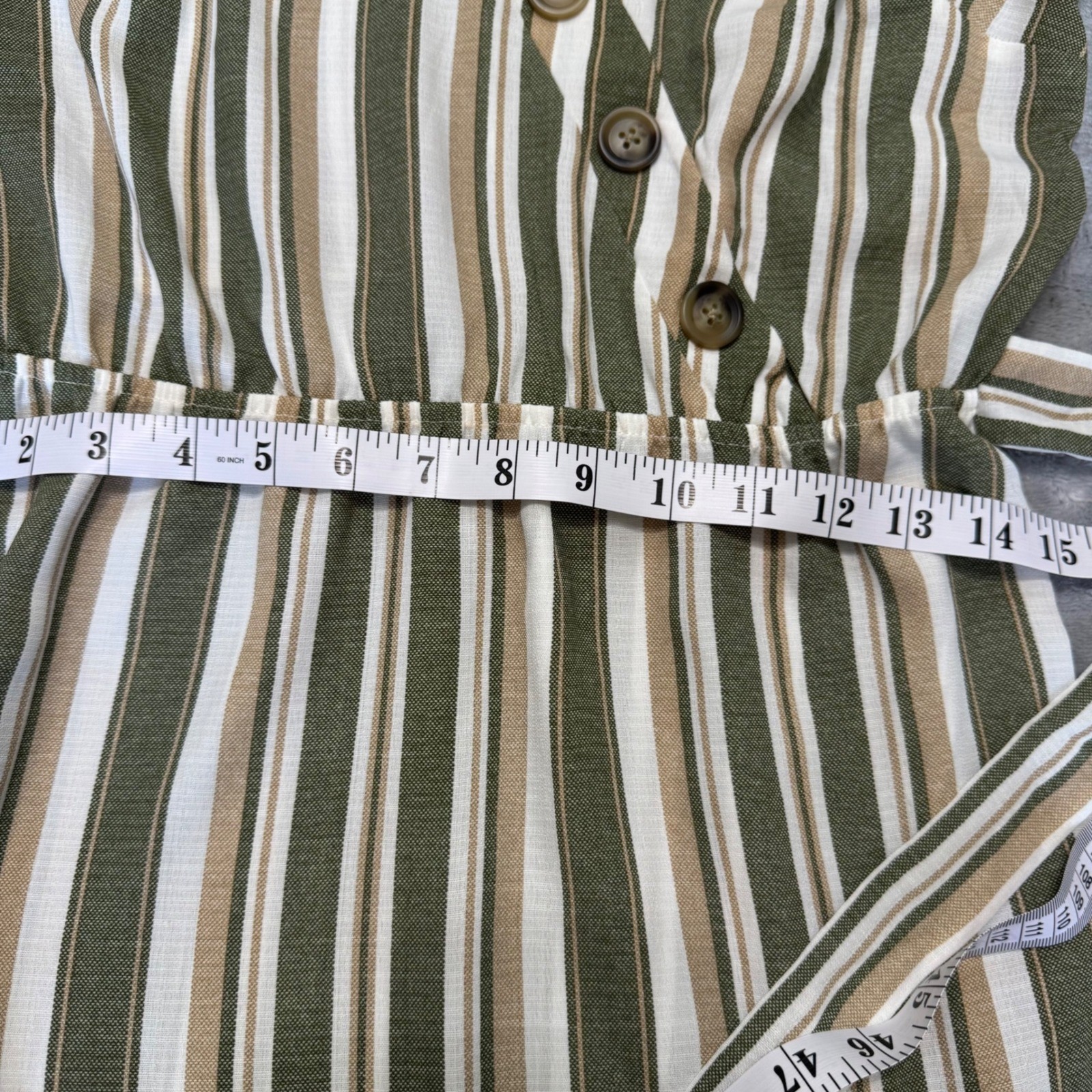 Naif Olive Green Striped Button Accent Maxi Dress Short Sleeve Belted Medium
