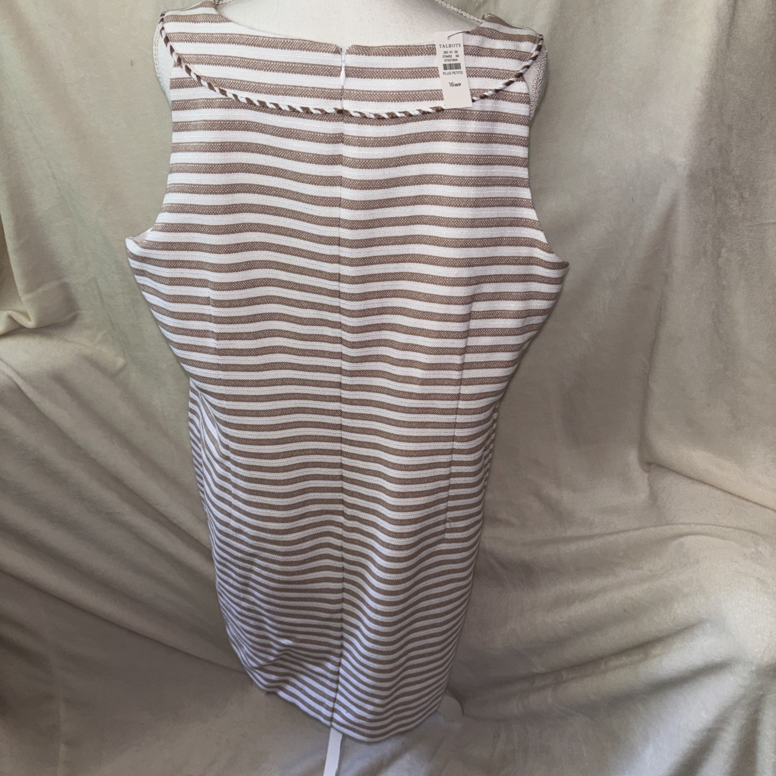 NWT TALBOTS Woman’s Sunlight Tan & White Lined Midi Shift Dress V-Neck Size 16WP