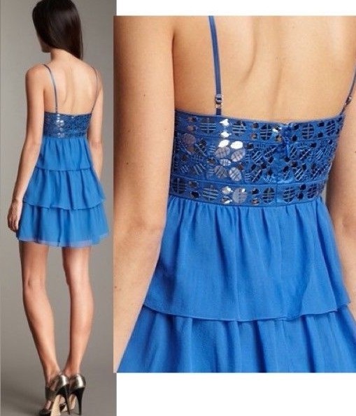BCBG Maxazria Larkspur Blue Chiffon Beaded Paillette Bust Slip Dress 10