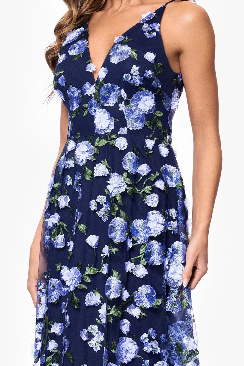 Xscape Navy Periwinkle Blue Embroidered 3-D Floral Midi Dress Size 8 $258