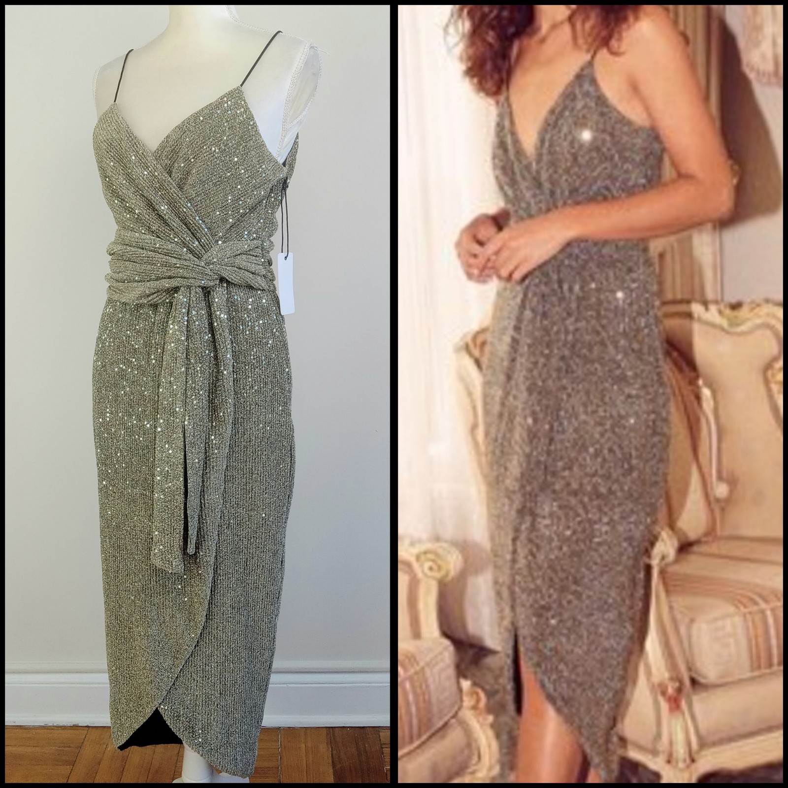 NWT Large SAYLOR Gold Ribbed & Sequins CYRIELLE Faux-Wrap TULIP Midi Event DRESS