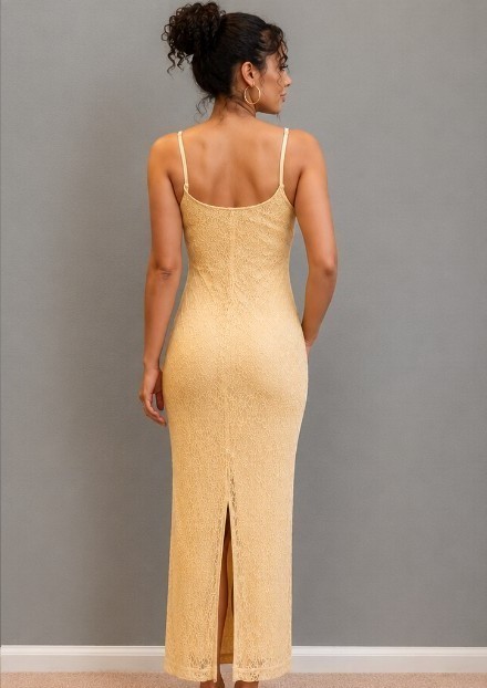 All That Jazz Pale Yellow Gold Tan Lace Maxi Dress Stretch Formal Adj Straps MED