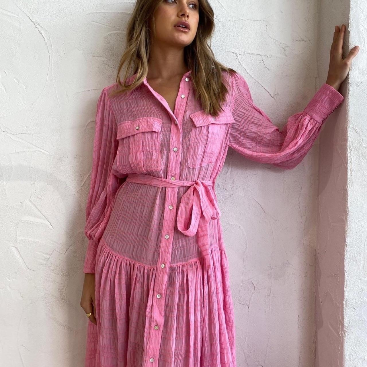 Alemais Antonella Silk Embroidered Shirt Maxi Dress Pink Size 6 AU