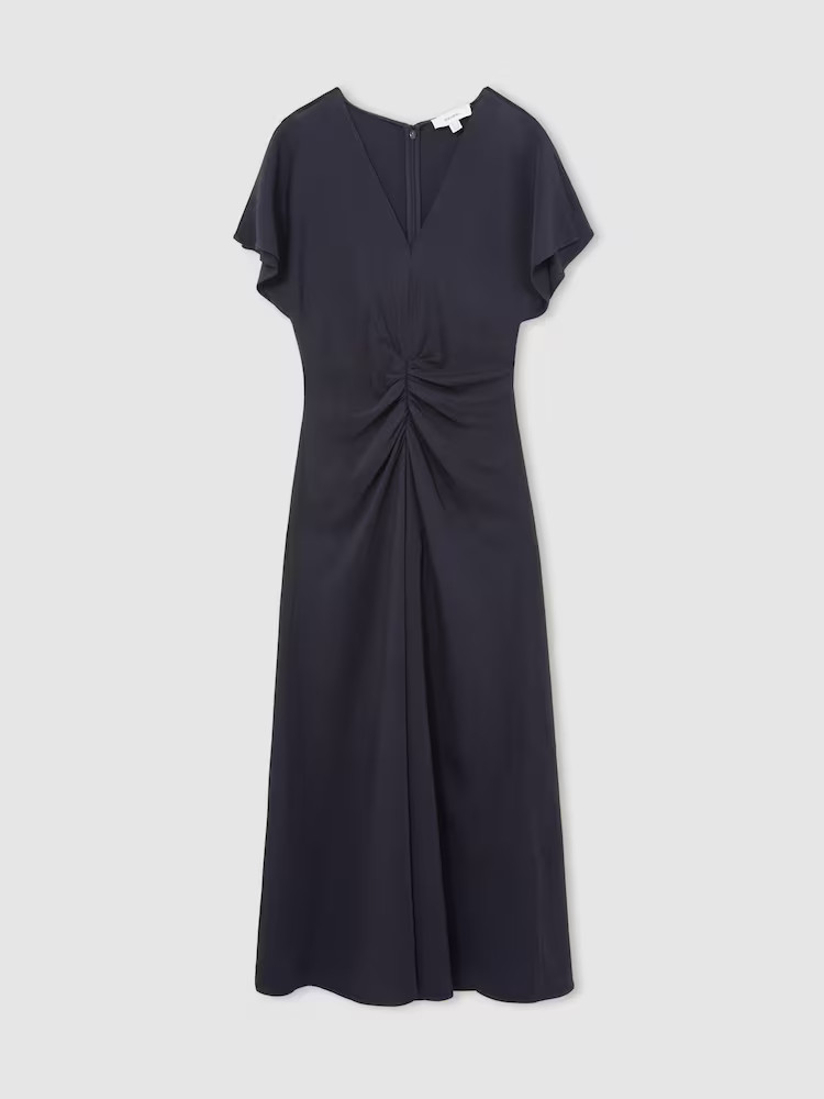 NEW, Reiss Rowe Ruched-Front Midi Dress in Navy Sz 8 #LD0269