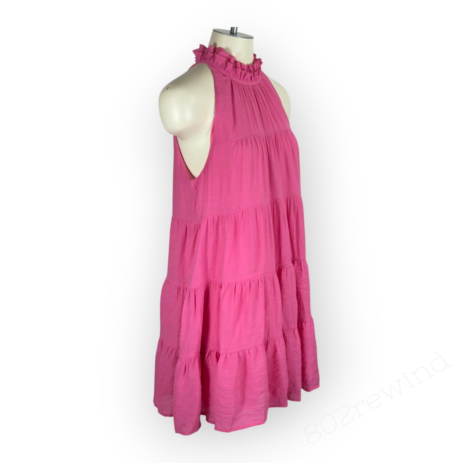 Entro Mini Dress Hot Pink Tiered Halter High-Neck Tie-Back Trapeze Sleeveless Lg