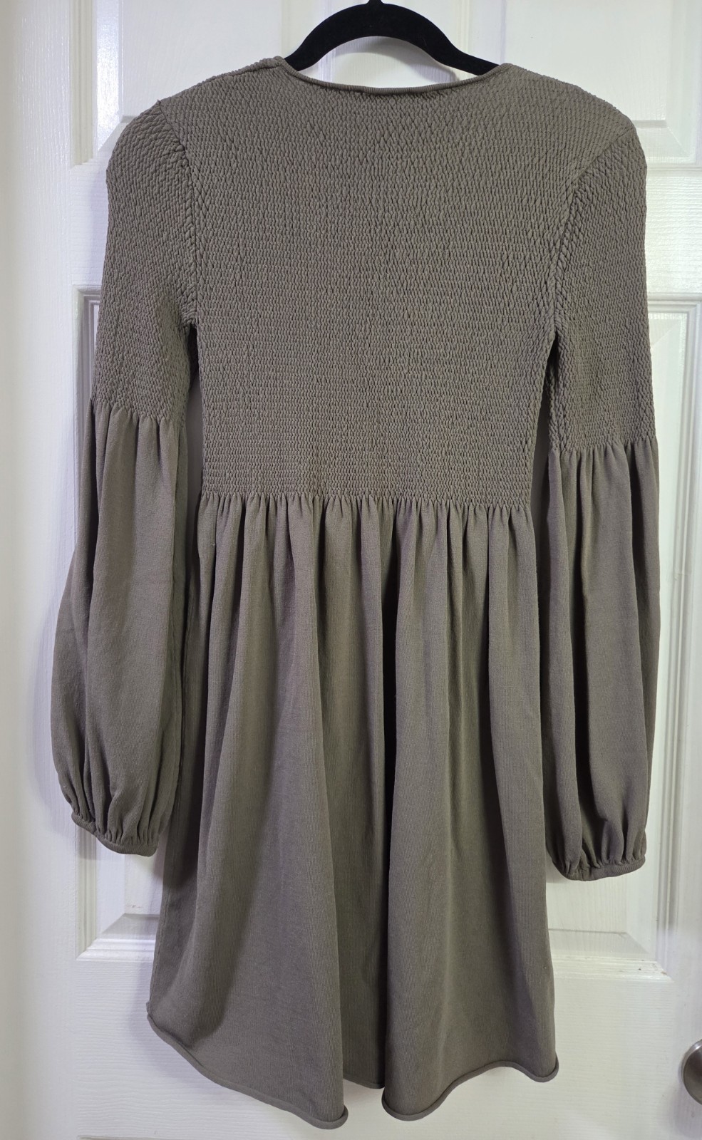 ​ZARA Smocked Knit Mini Dress Balloon Sleeve Taupe Brown Medium M Cottagecore