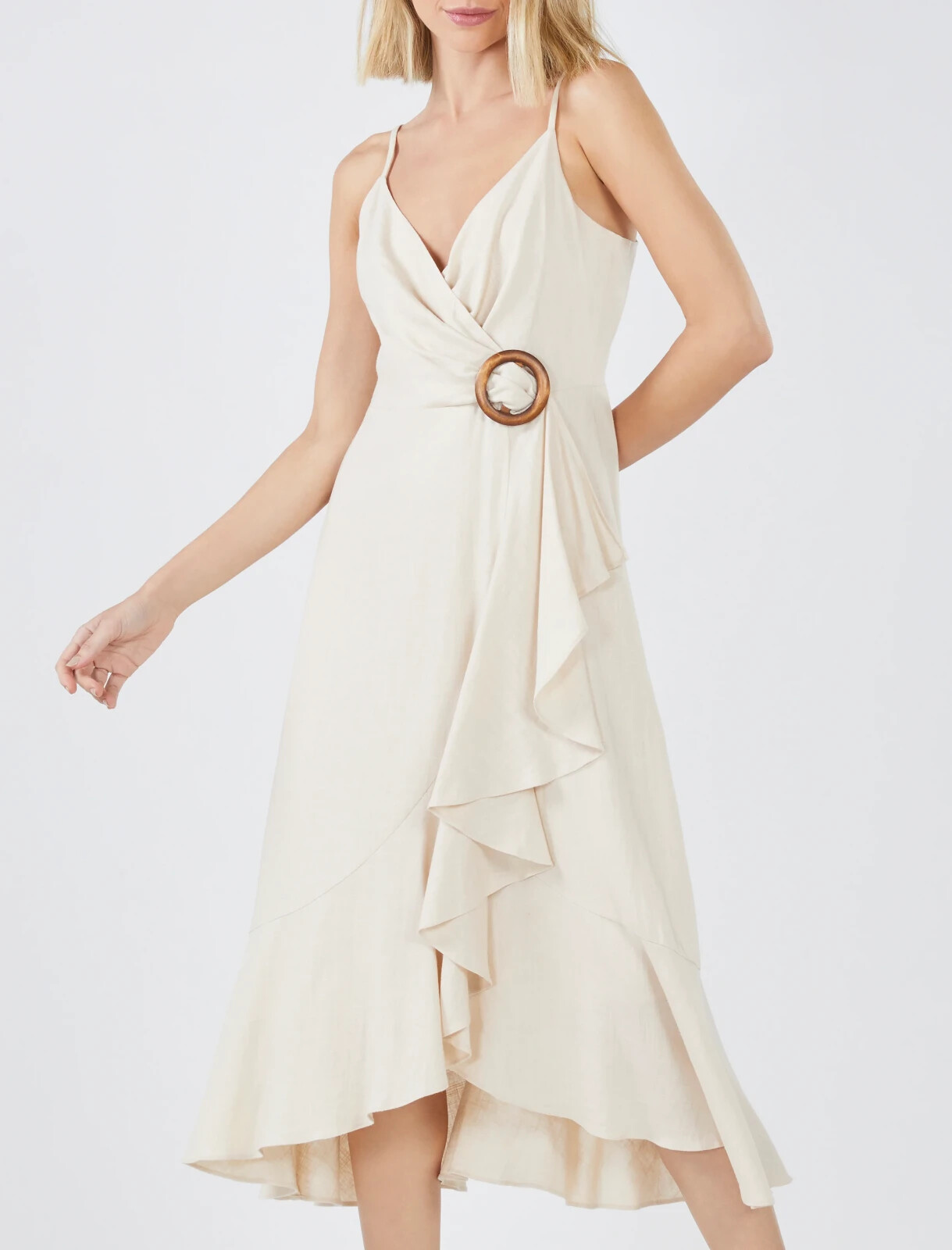 BCBGMAXAZRIA LINEN BLEND “DORIS” RUFFLED MIDI DRESS IN COROZO SIZE 10-$268