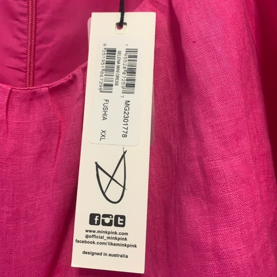 MINKPINK Selena Puff Sleeve Mini Dress NWT Hot Pink 100% Linen Size XXL