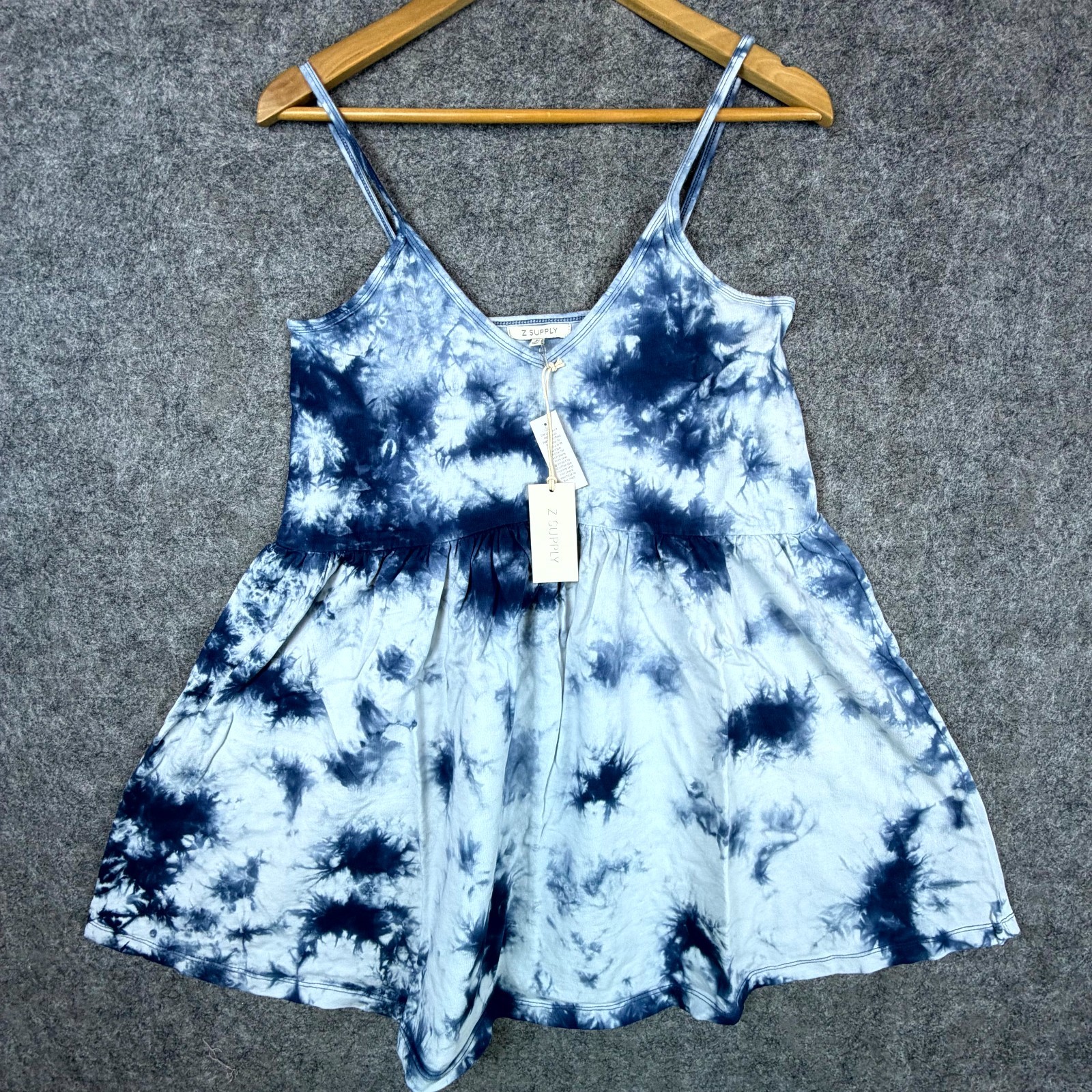 Z Supply Babydoll Mini Dress Medium Blue Kona Cloud Print Black Iris Boho Lounge