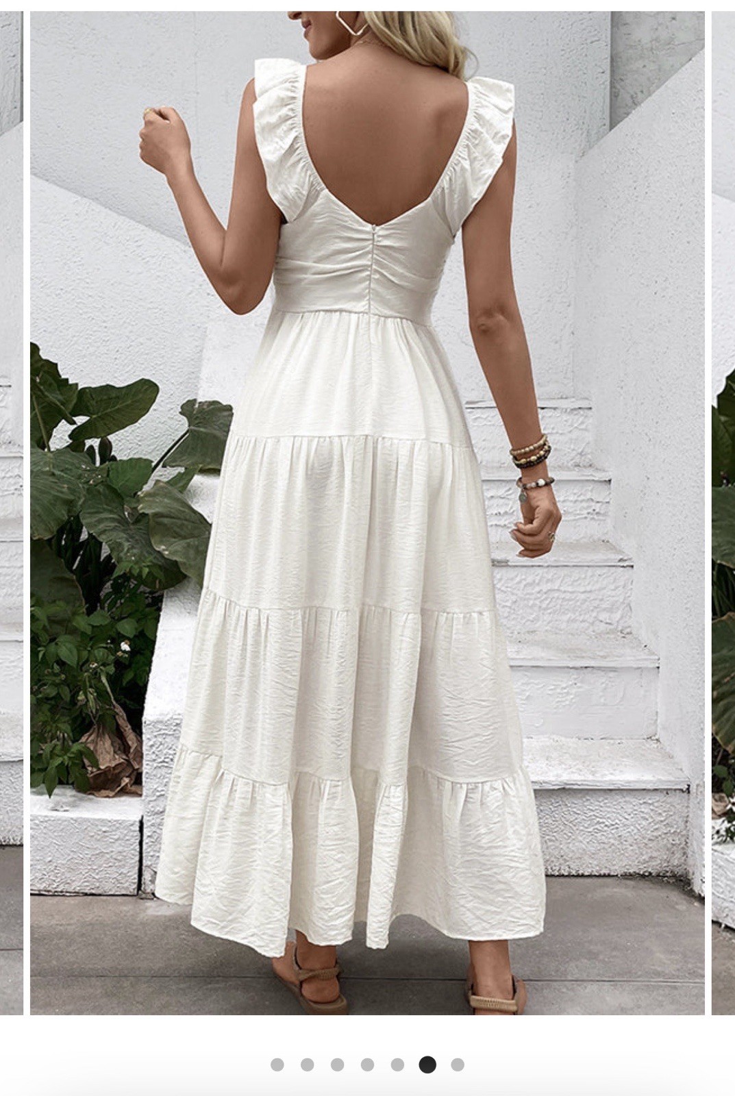 Cream Solid V-Neck Sleeveless Tiered Ruffle Maxi Dress Back Zip Womens M