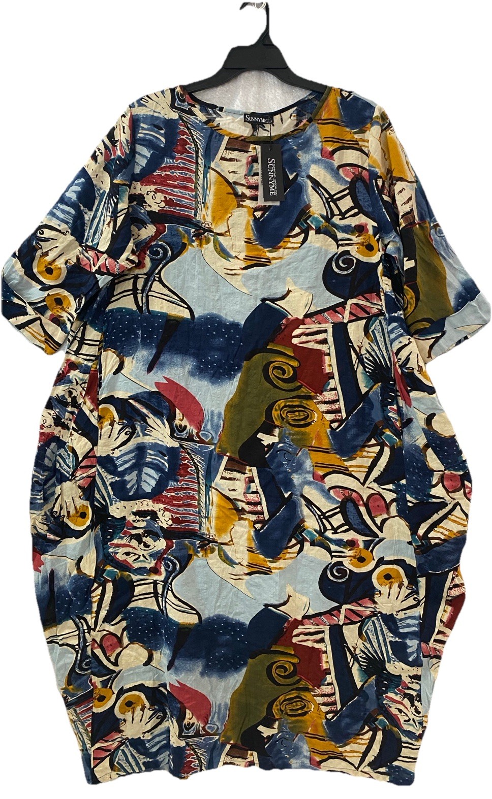 SunnyMe Abstract Print Dress Woman’s XXL Artsy Midi 3/4 Cuffed Sleeve Pockets