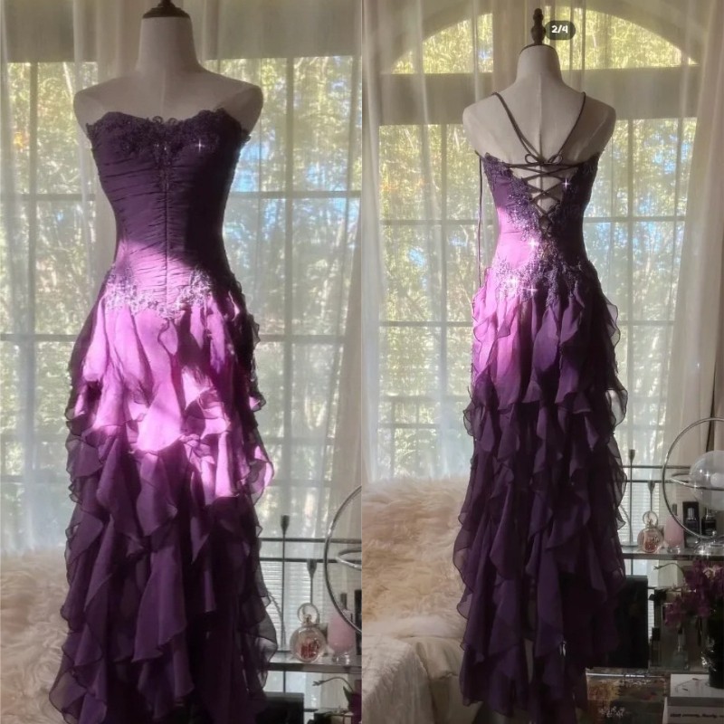 Vintage Purple Chiffon Gothic Evening Formal Dresses Lace-up Ruffles cowlgirl