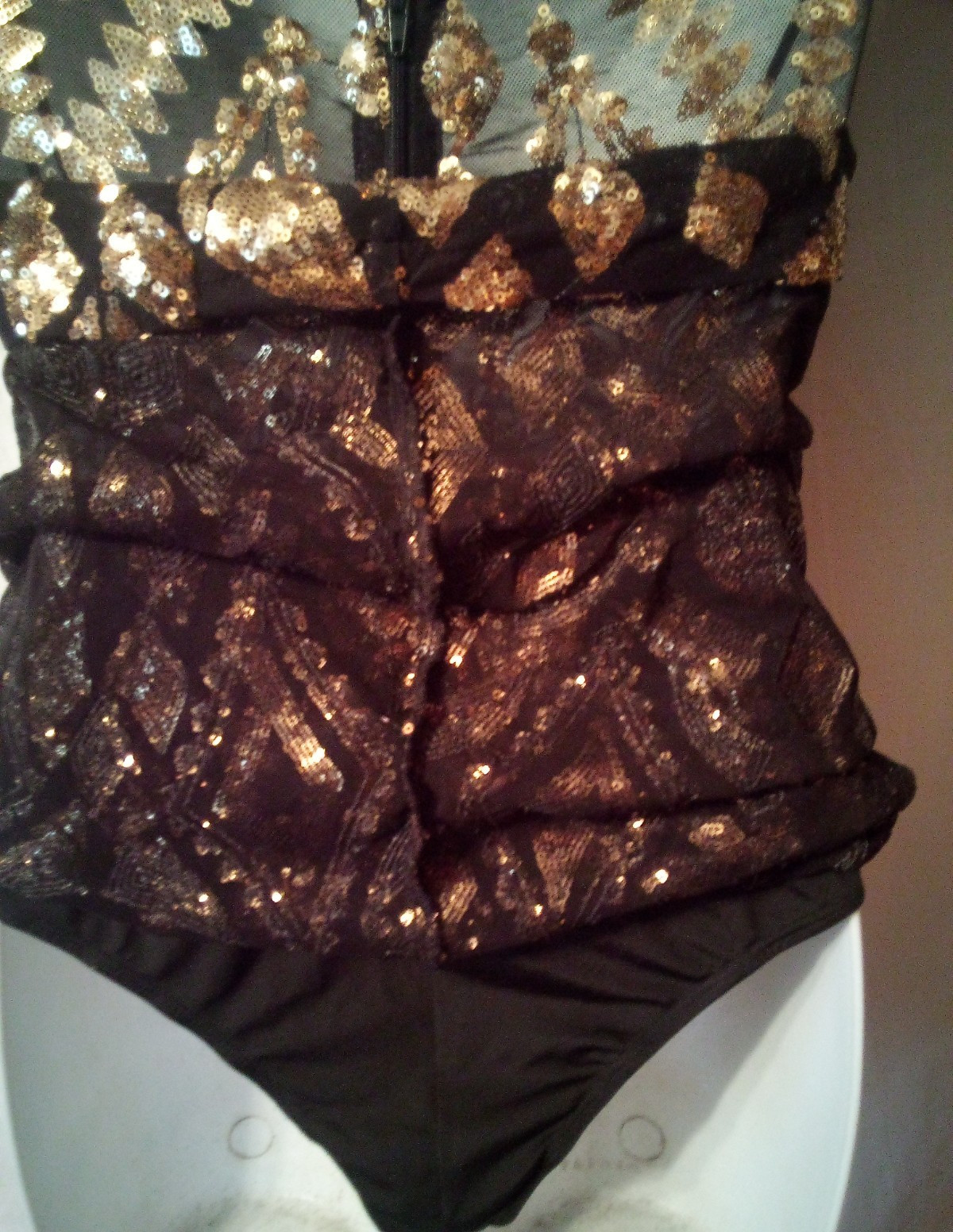 Fashion Nova~M~Sheer Black Gold Sequins Plunging Halter Dress Attached Panties~Q