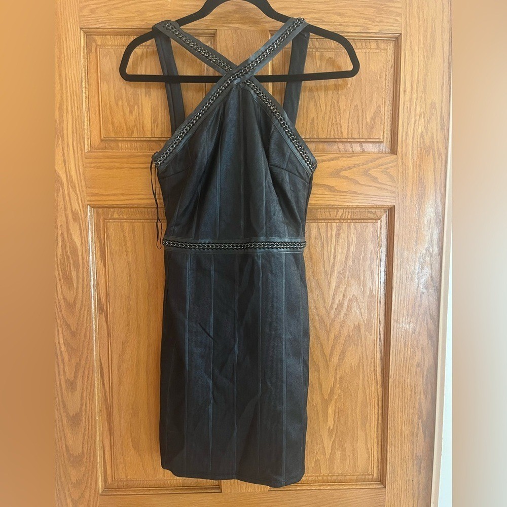 Topshop Ribbed Black Vegan Leather Gun Metal Chain Straps Bodycon Baddie