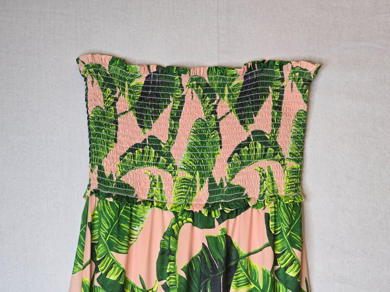 JUDITH MARCH PALM TREES PRINT LONG STRAPLESS DRESS LT PINK/GREEN RARE SZ: LG NWT