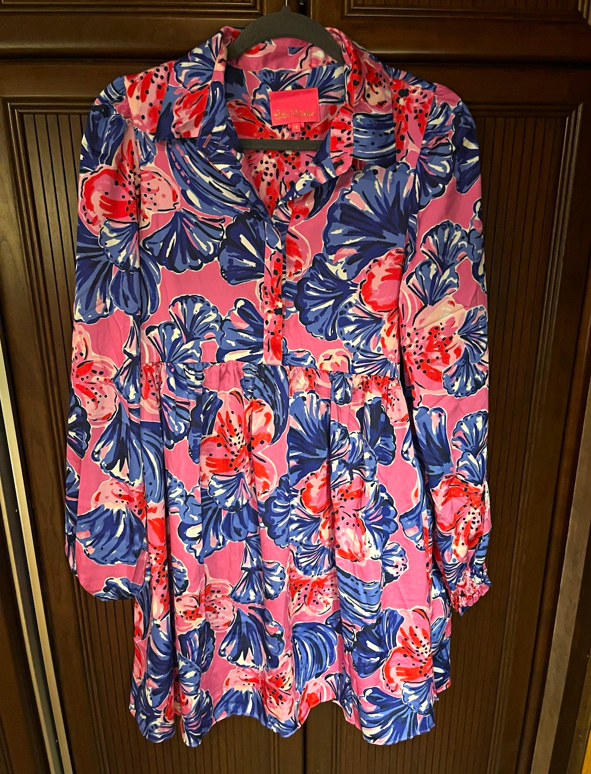 Lilly Pulitzer M Pink/Blue Floral Dress Long Sleeve Button Front Ruffle Collar