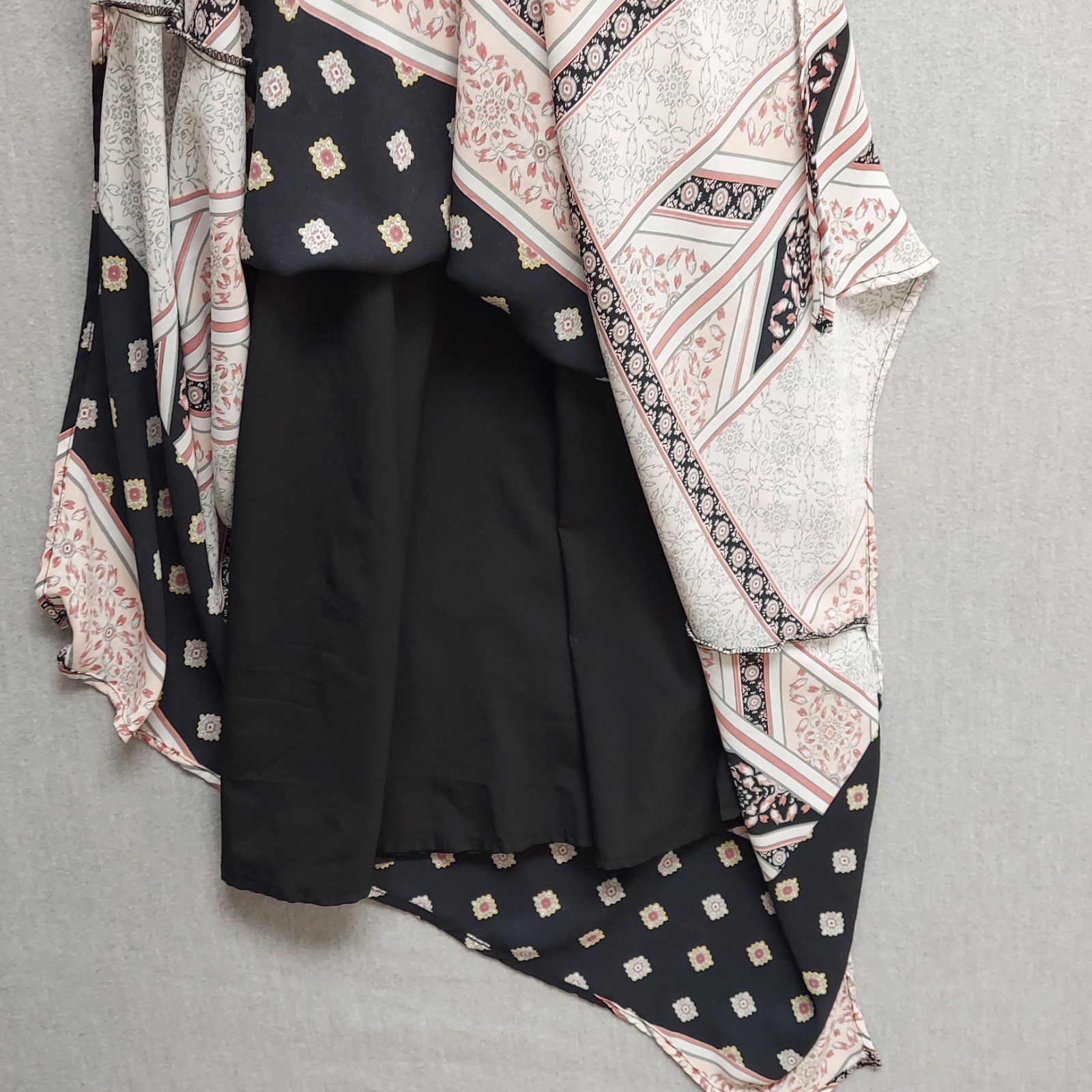 New York & Company Asymmetric Patchwork Maxi Dress M Boho Tie Neck Cape Overlay