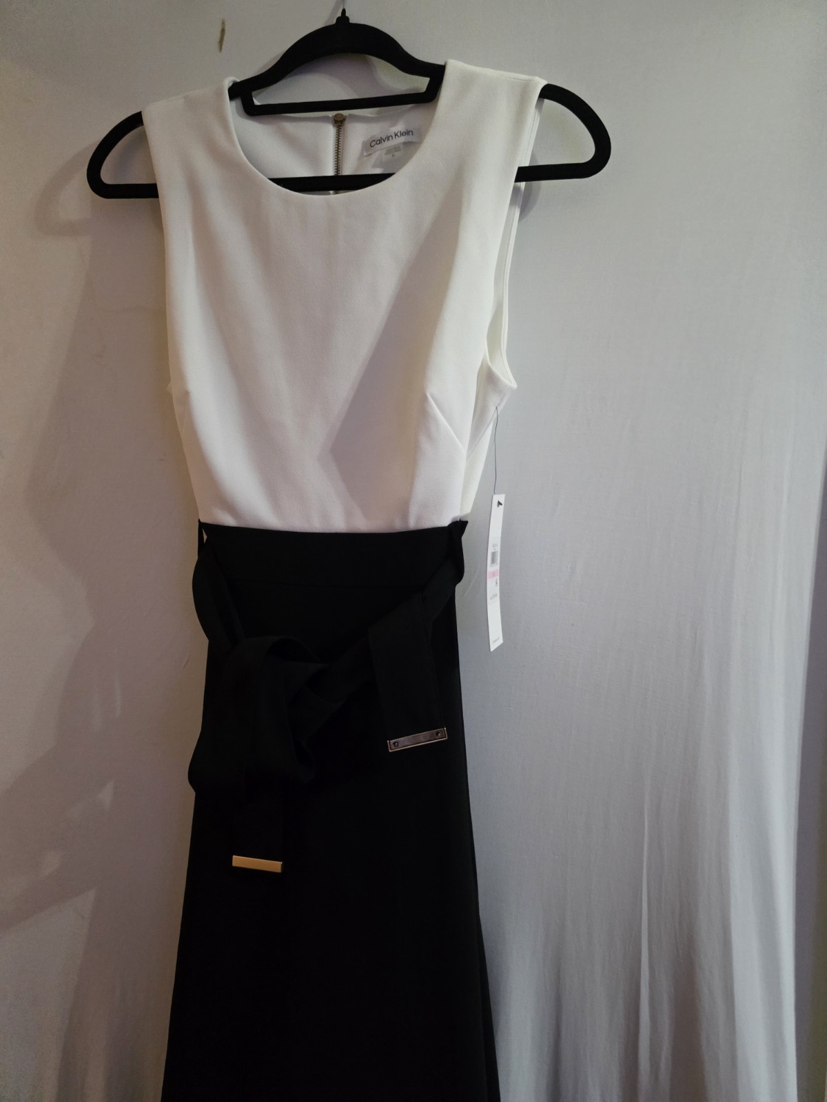 Calvin Klein NWT Black White Colorblock Midi Dress Tie Waist Size 10