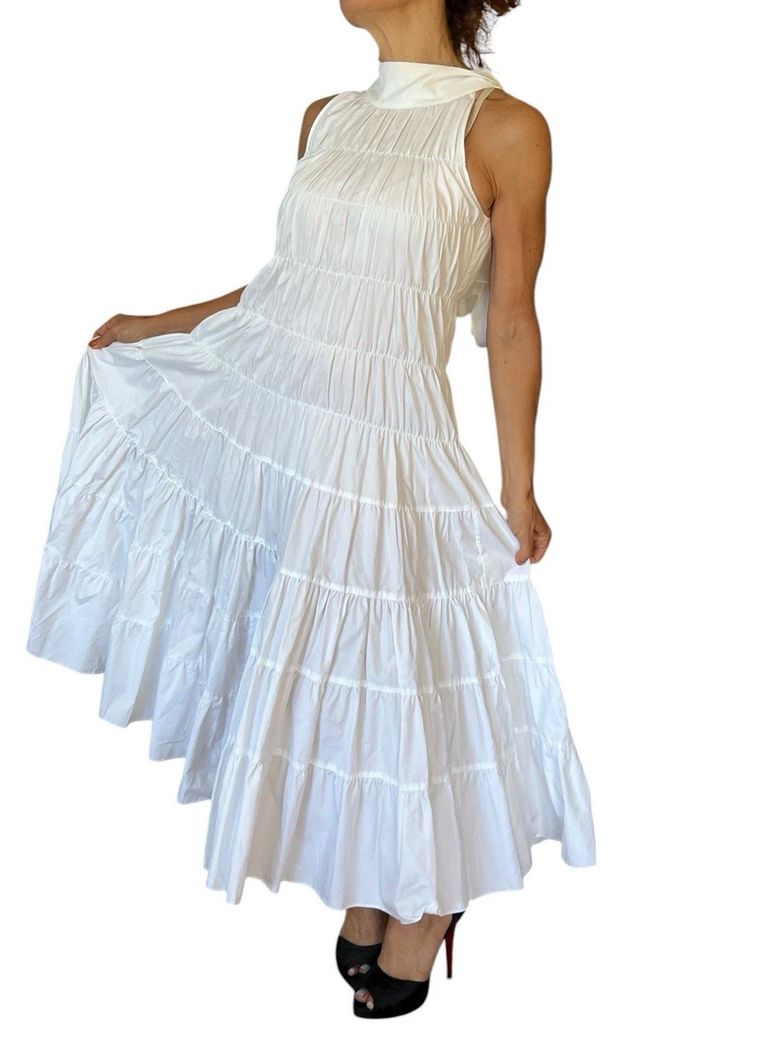 ANAIS JOURDEN WHITE COTTON SLEEVELESS RUFFLE TIERED DRESS BACK TIES 34 SMALL