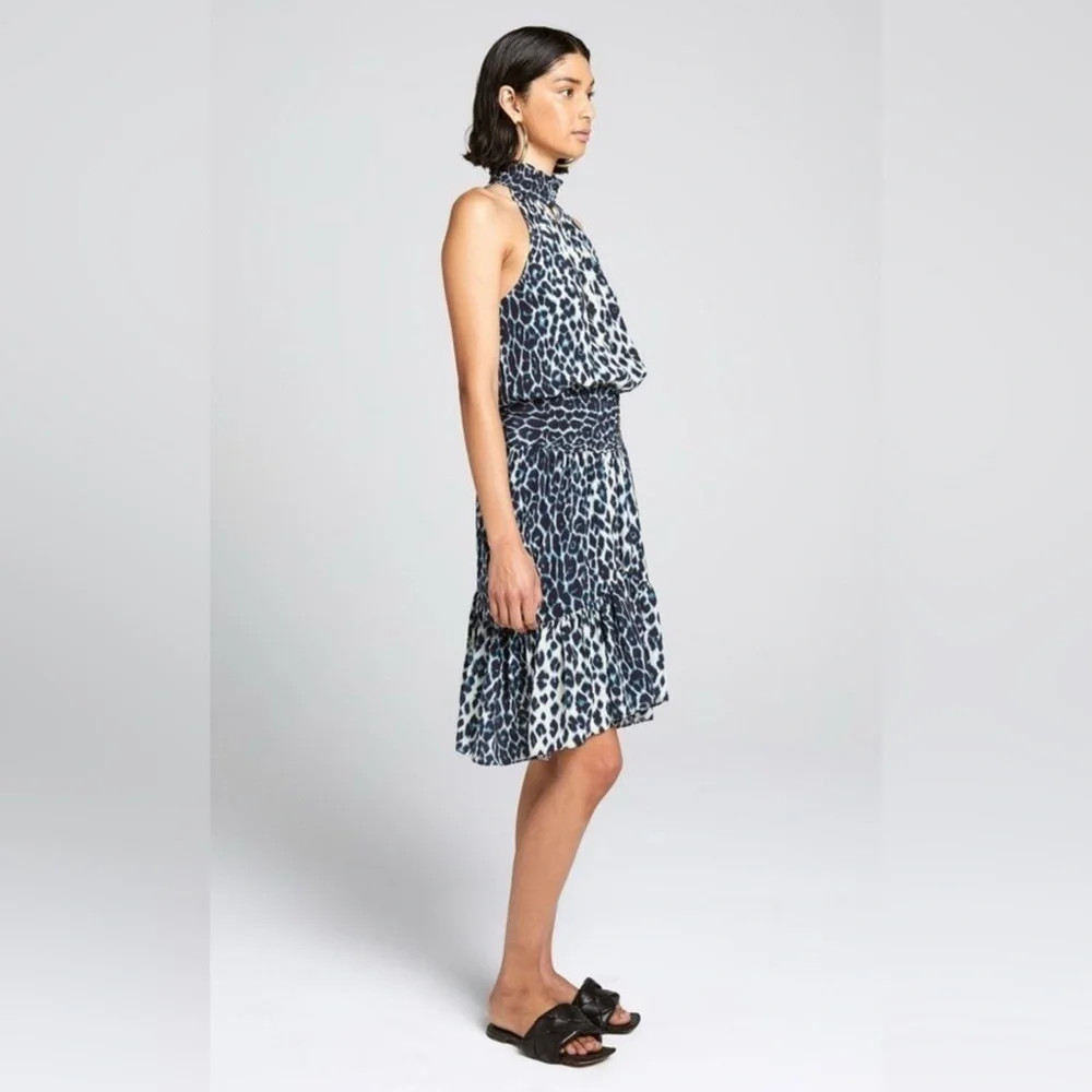 ALC CODY DRESS cream blue 2 leopard print halter cutout 100% silk midi sundress