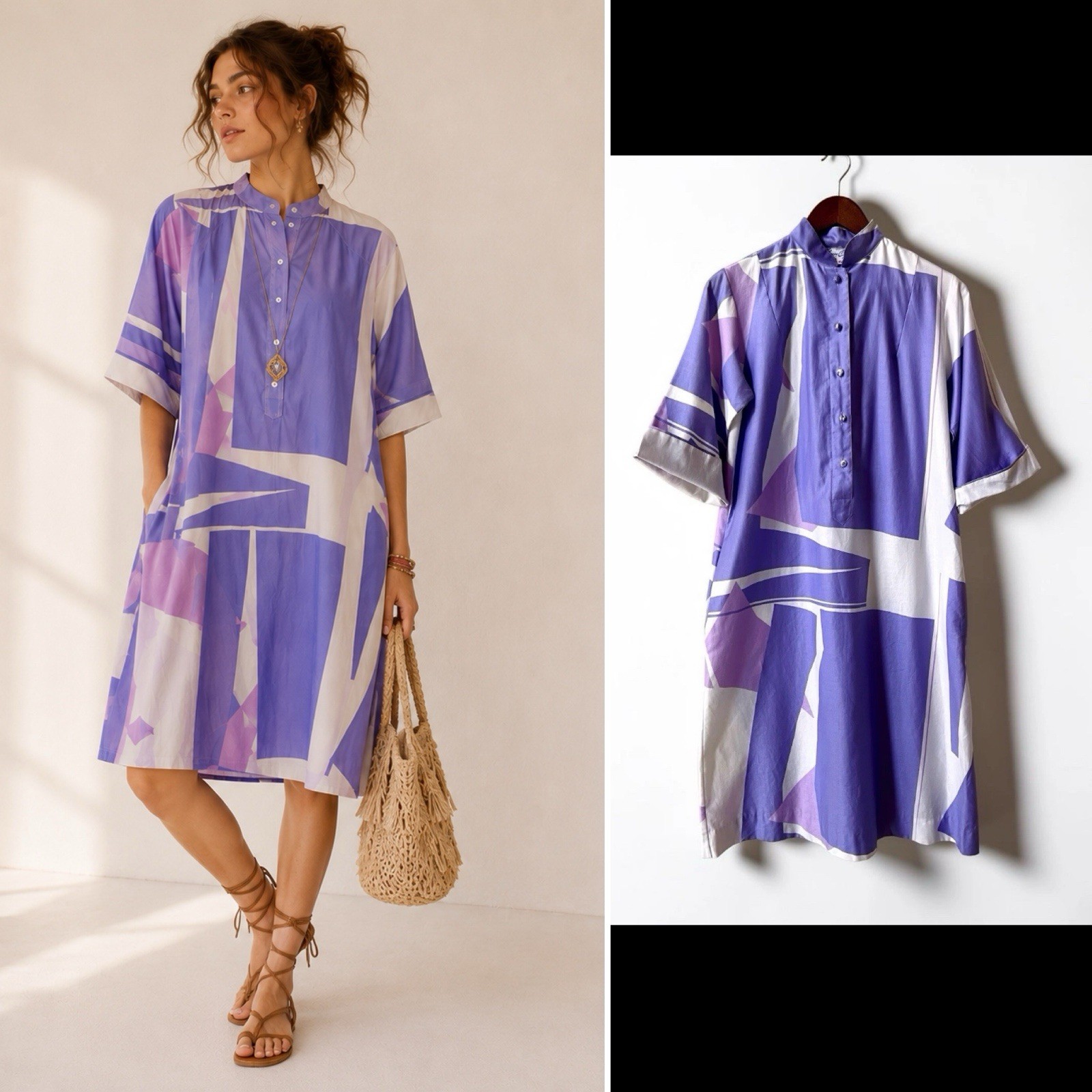 VTG Catherine Ogust Penthouse Gallery Shirt Dress Purple Geometric Caftan 1970s