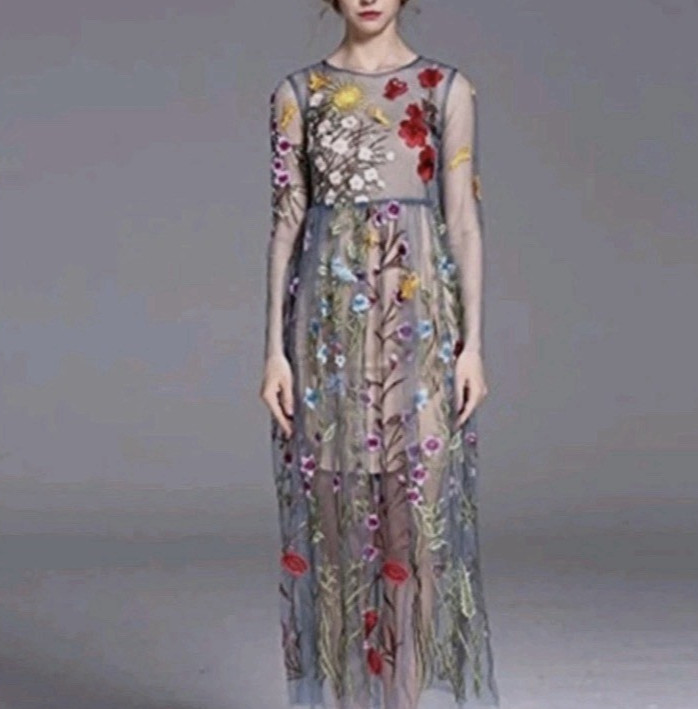 Retro Floral Mesh Maxi Dress Gray S Whimsical Romantic Fairy Sheer Colorful Art
