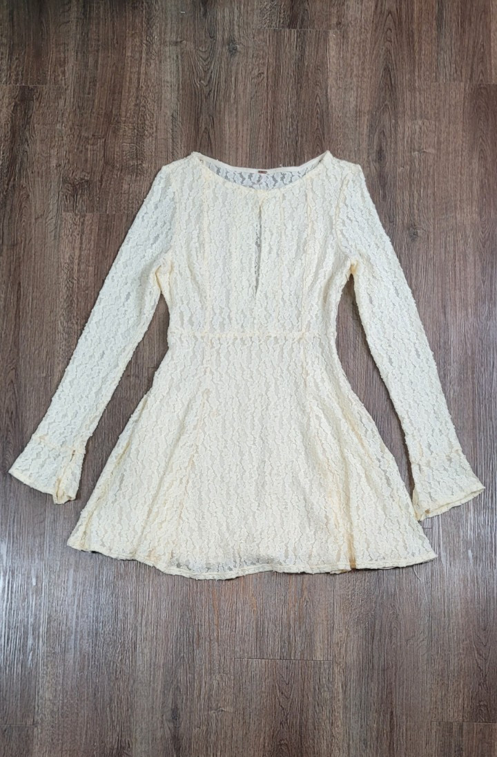 Free People Teen Witch Lace Dress Womens M Ivory Shearling Fit Flare Long Sleeve