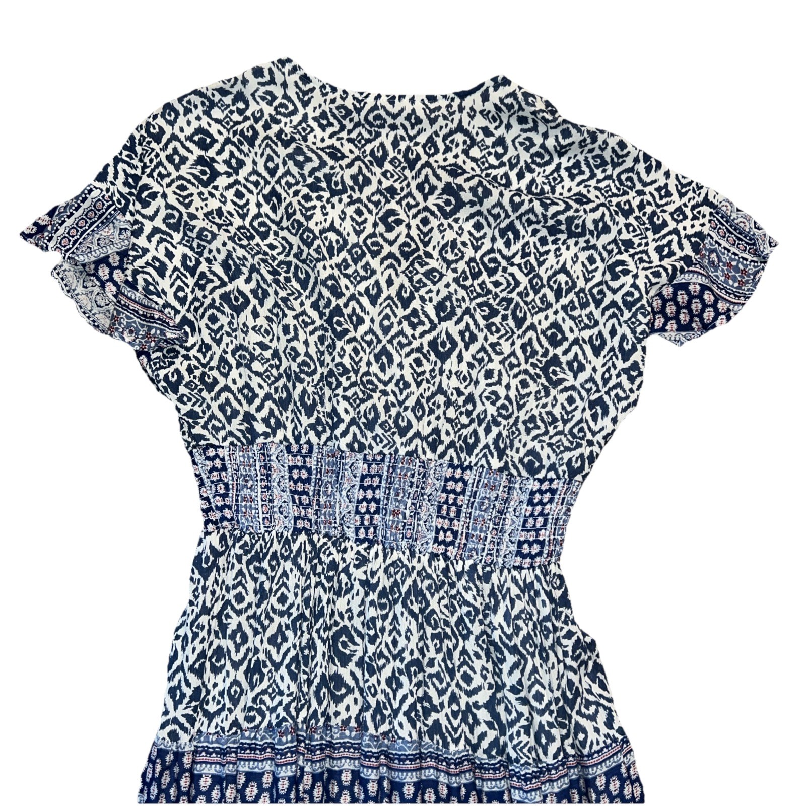 J Gee Navy Blue/White Boho Multi Teared Flutter Short Sleeve Gauzy Peasant Dress