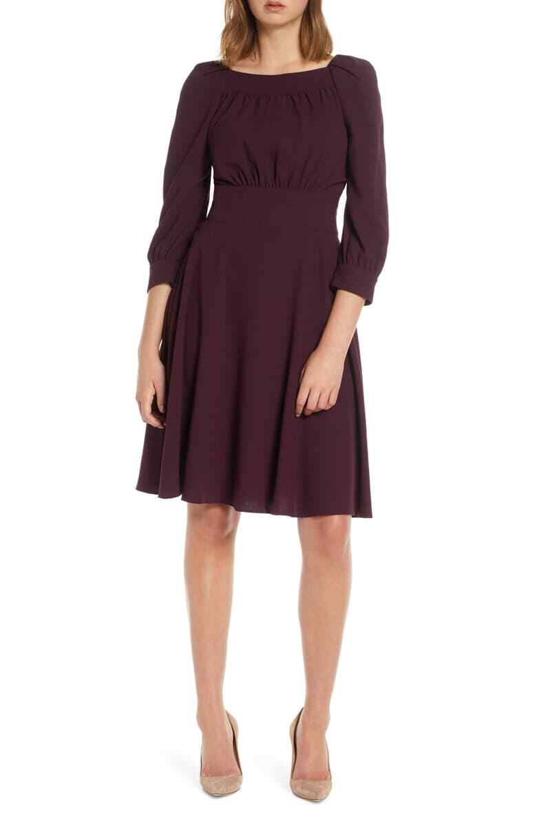 ELIZA J Aubergine Purple Cutout Back Tie Flare Crepe Cocktail Dress 6P = SP