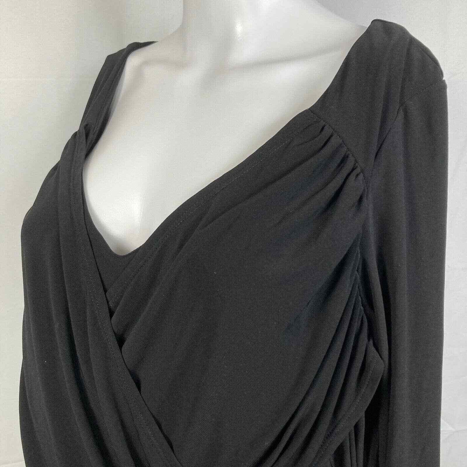 B-Slim Dress Womens Sz 1X Plus Black Jersey Knit 3/4 Sleeve Faux Wrap A Line