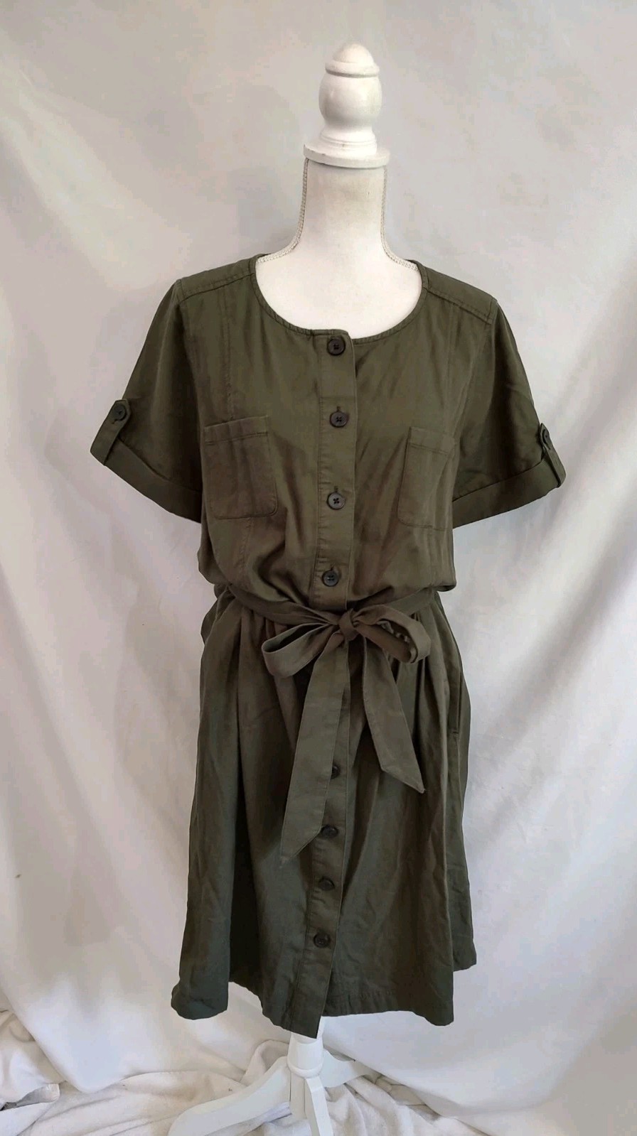 Talbot’s Shirt Dress Safari Army Green Chest Pockets & Rolled Cuff Belted