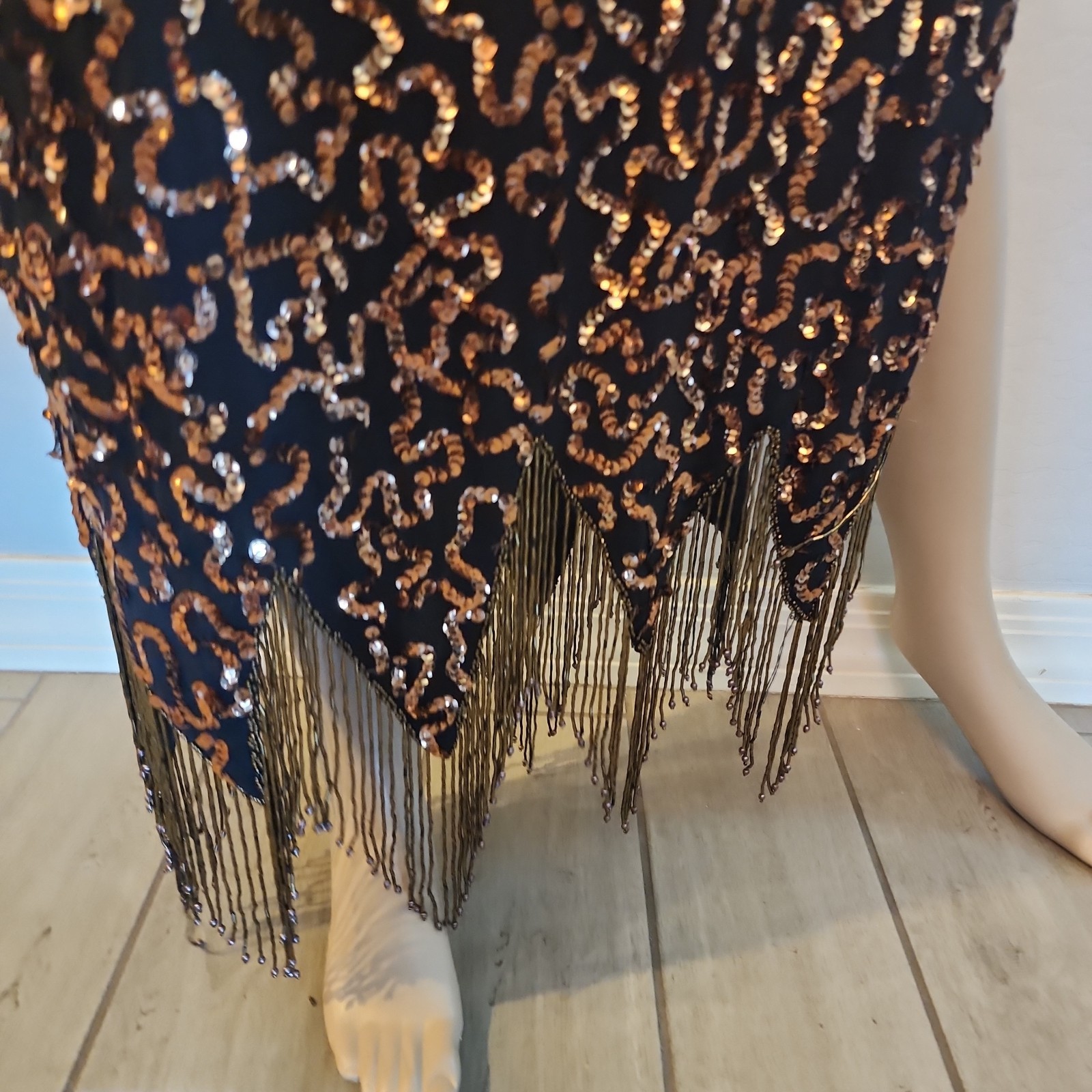 Shomax Originals Sequin Beaded Formal Silk Gown M Black Gold Long Sleeve Fringe