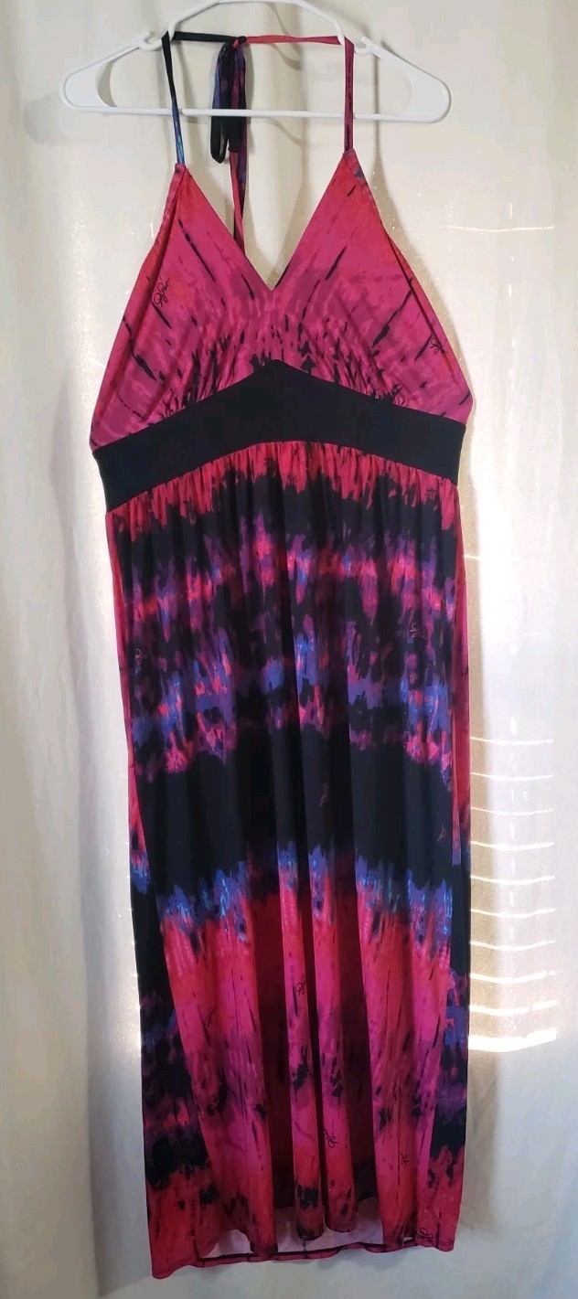 Baby Phat Y2K Maxi Halter Dress Pink Black Abstract Tye-Die Empire Waist Size 1X