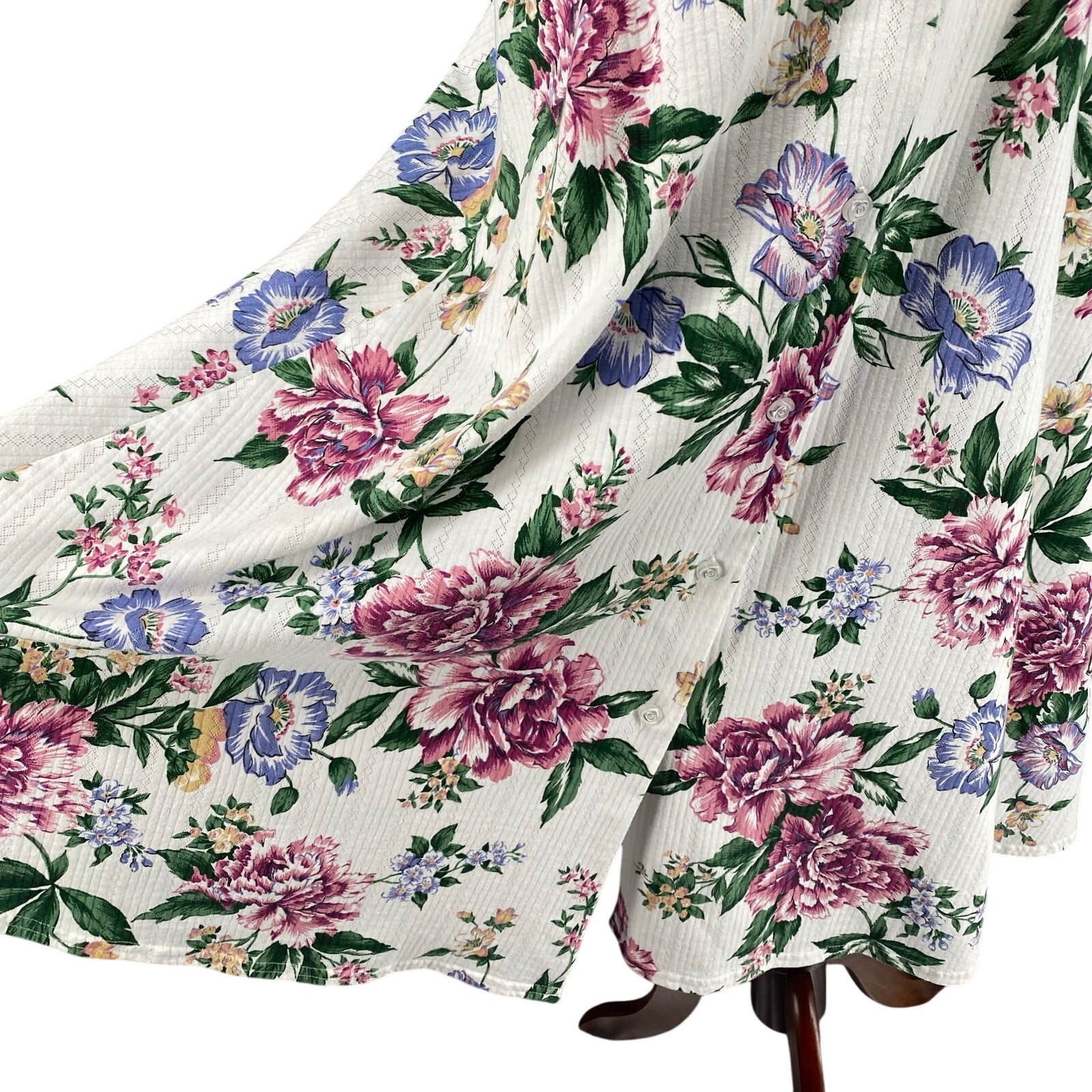 Vtg Bohemian Romantic Floral Coquette Button Down Midi Dress 8 White Pink