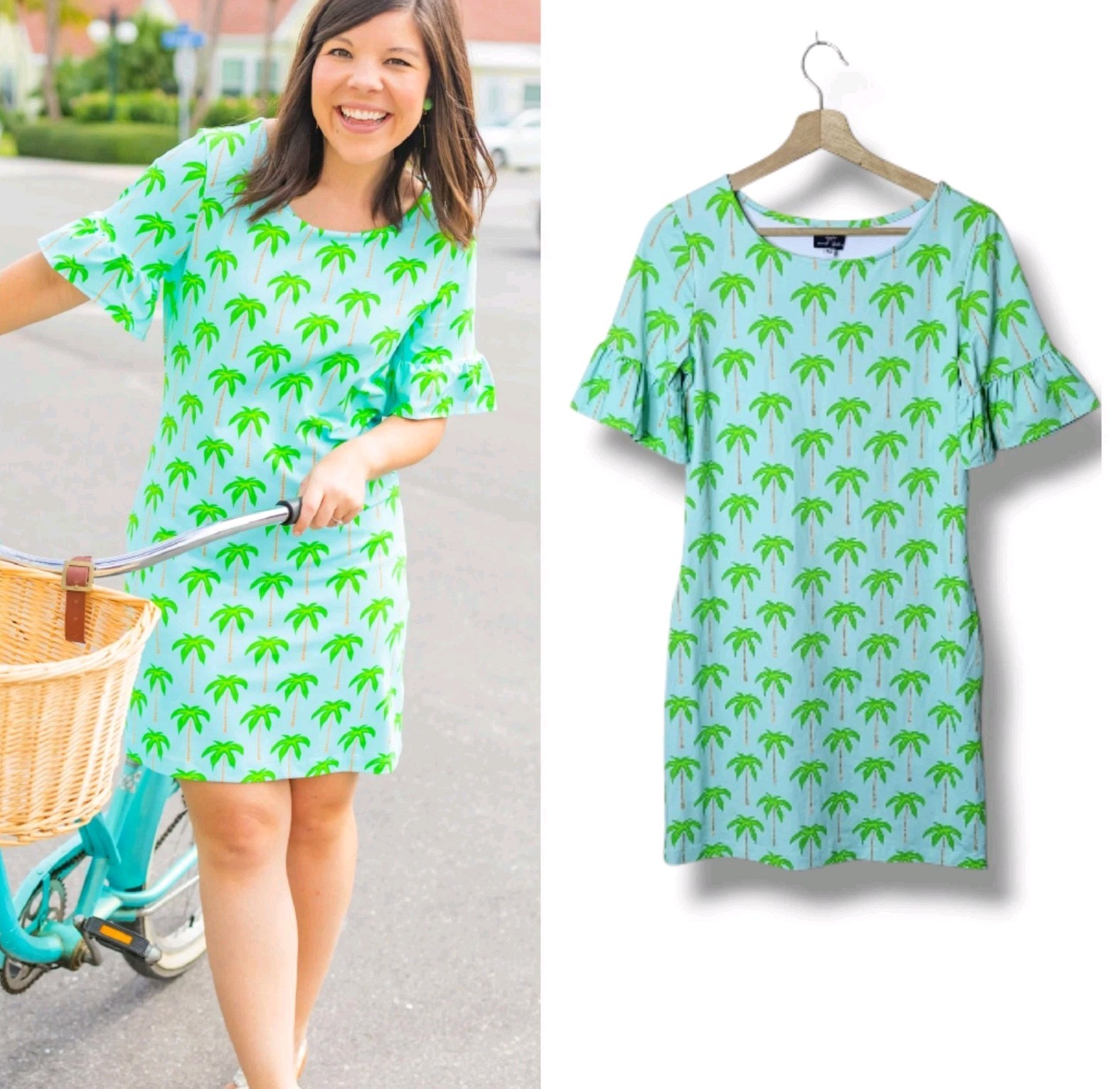 Sailor Sailor Palm Tree Shift Dress Preppy Ruffle Sleeve Packable Size XS