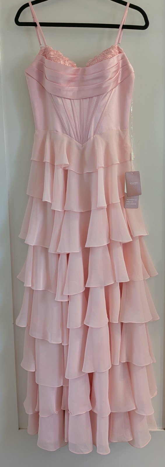 Stacees Formal NWT Blushing Pink Ruffle Floor Length Dress Size US4 Wedding Prom