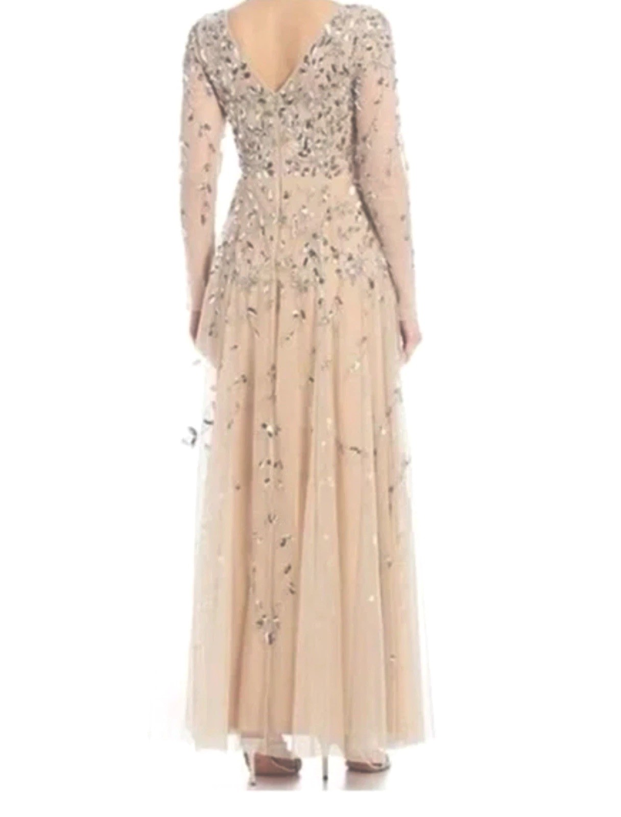 Adrianna Papell Sheer Long Sleeve V-back Ballgown Silver/Nude 14, Ladge, L $329