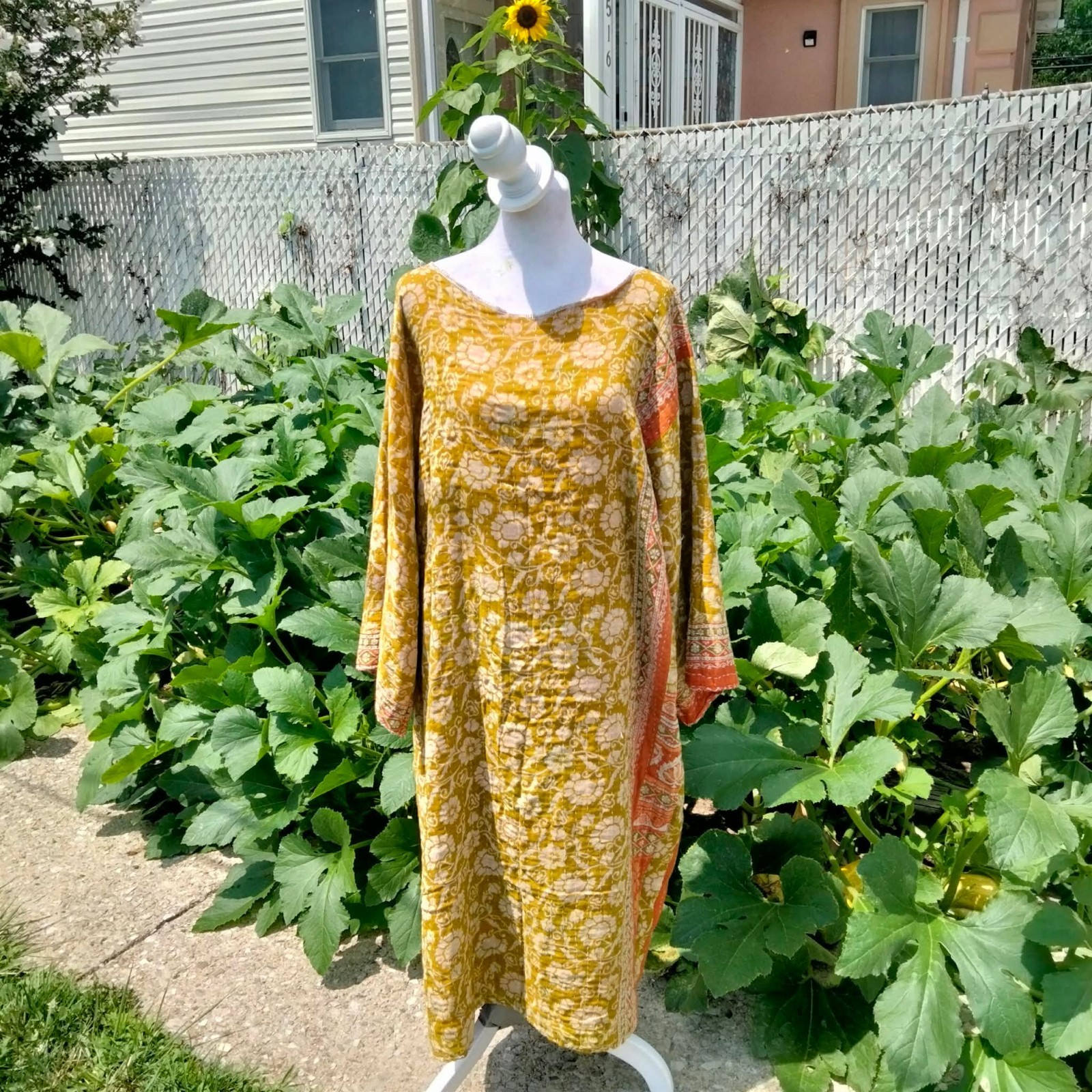 Handmade KANTHA Lounge Tunic Style Dress Free Size Boho Green Sunflower Print