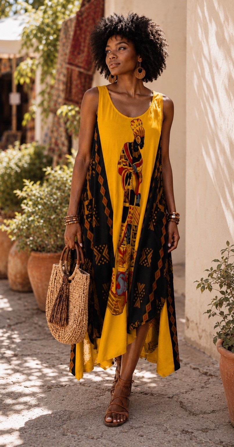 NWT Seven Islands Rayon Swing Dress M Yellow Tribal Graphic Wearable Art Boho