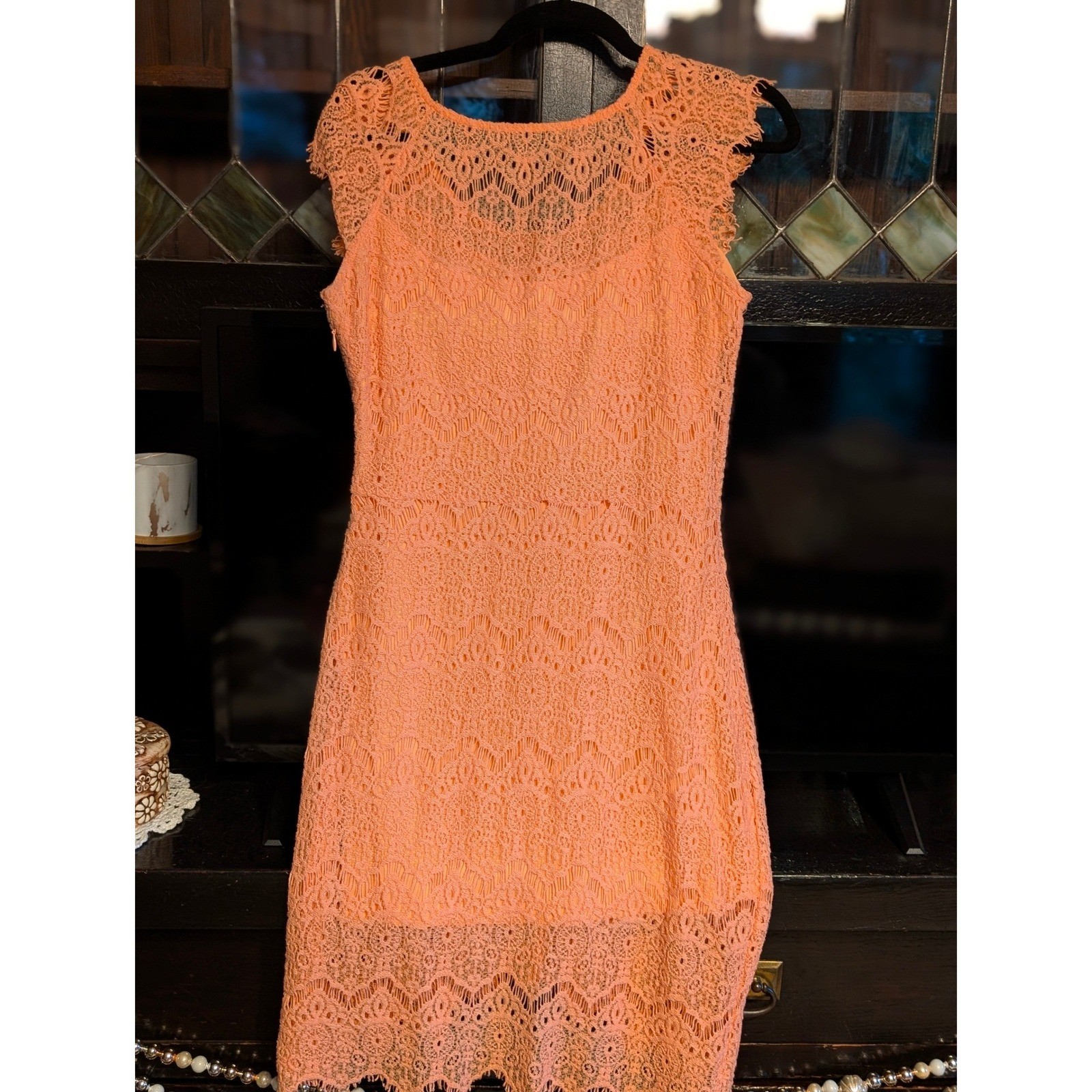Dulcie Peach Lace Sheath Dress Cap Sleeve High Low Hem Coral Medium