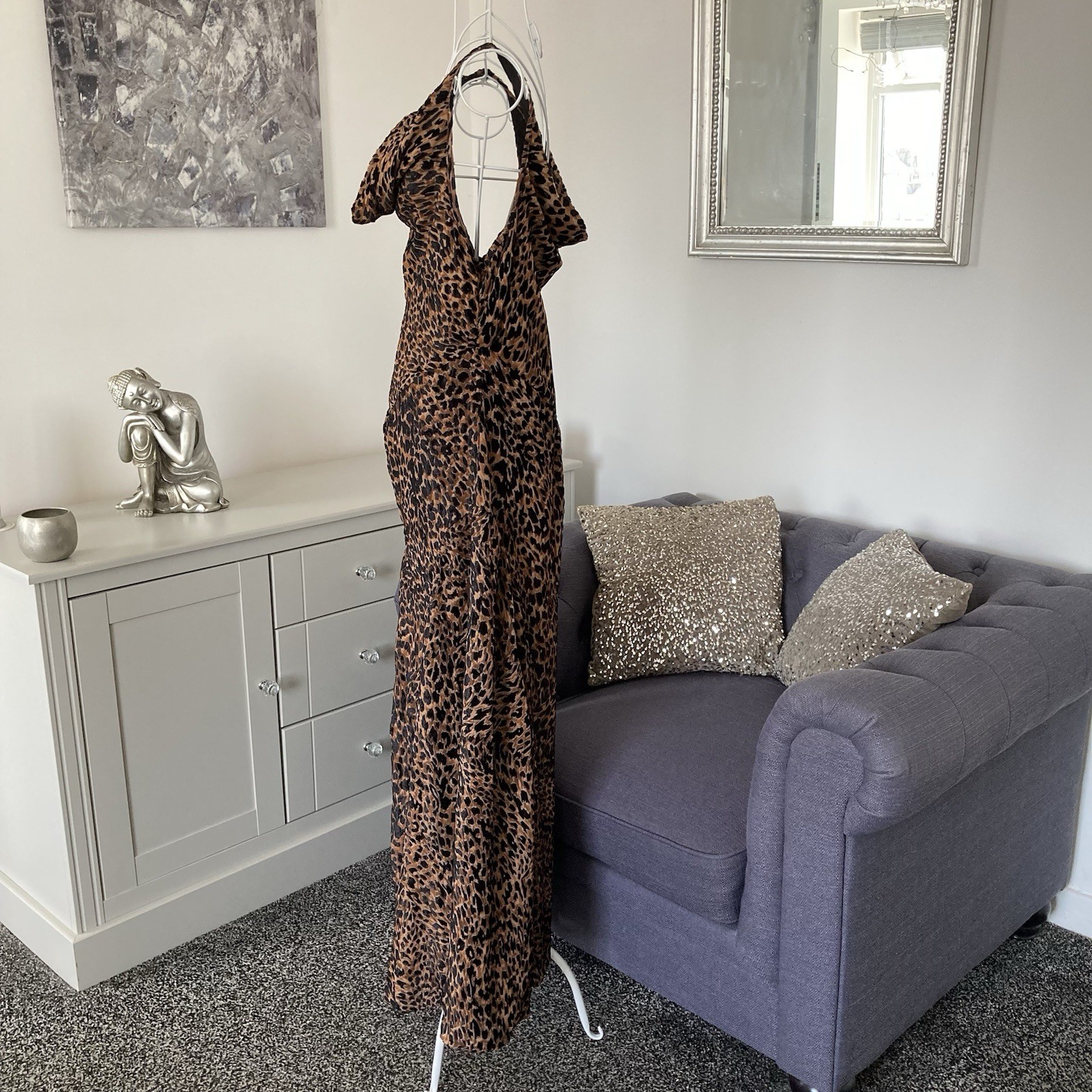 Leopard Print Devore Cowl Neck Sleeveless Thigh High Split Flared Maxi Dress 10