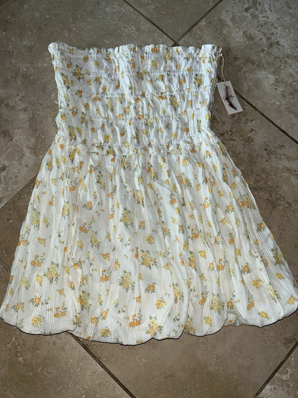 NWT Jessica Simpson Strapless Smocked Bubble Hem Yellow Floral Mini Dress Small