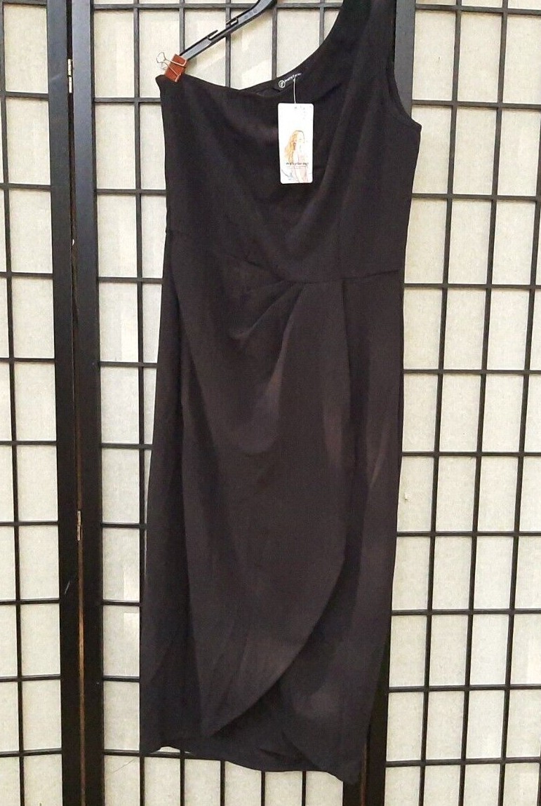Black One Shoulder Cutout Ruched Slit Wrap Bodycon Dress Medium