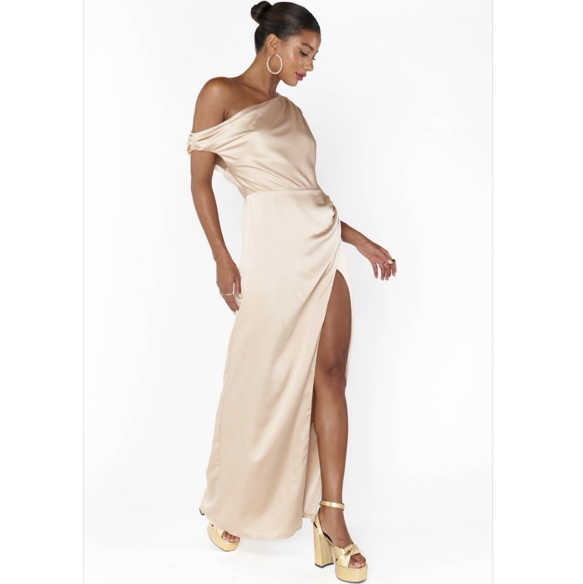 NWT Show Me Your MuMu Jodie Champagne Satin One Shoulder Maxi Dress S Side Slit