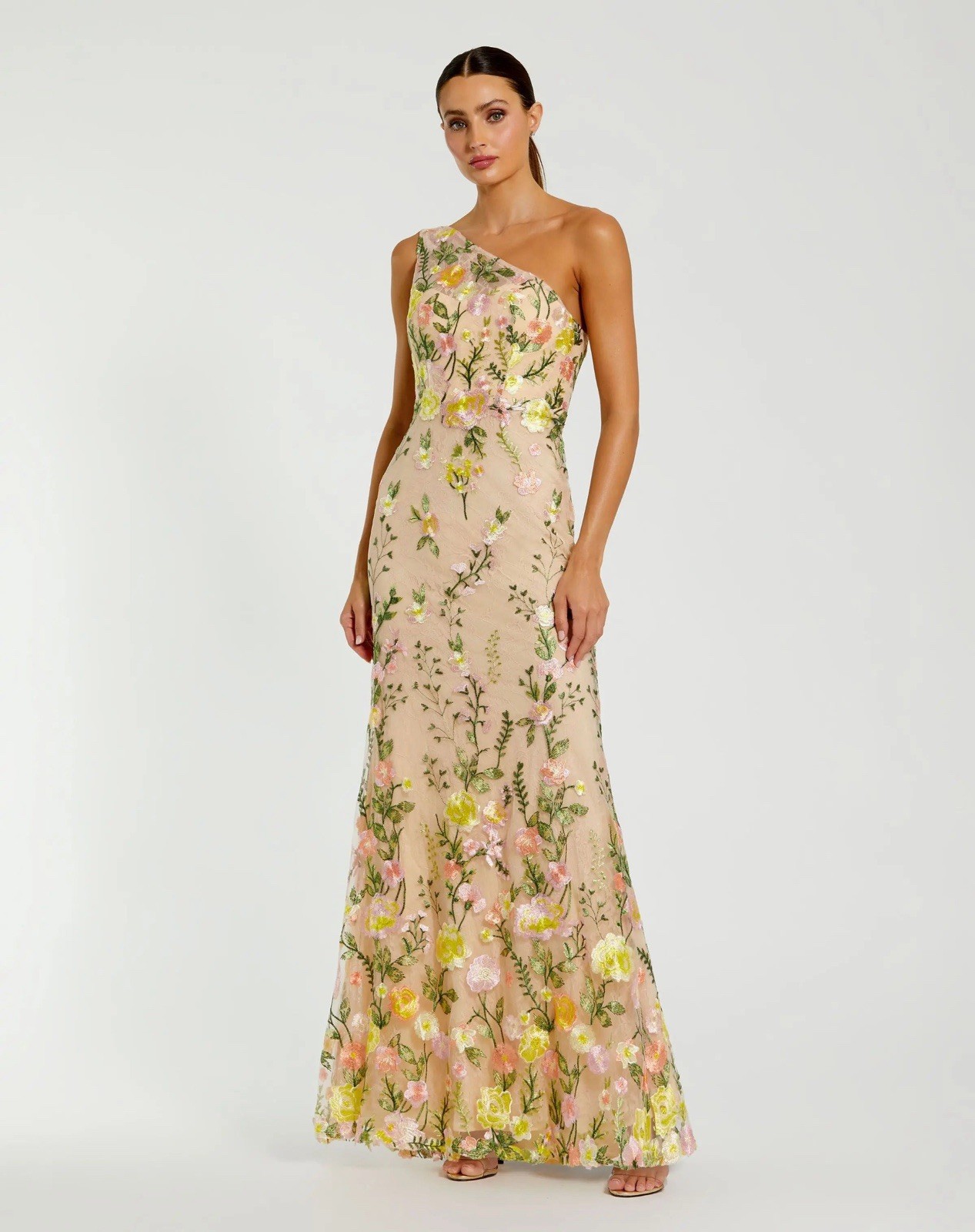 Mac Duggal One-Shoulder Floral Embroidered Lace Sheath Gown Long Beige Size 14