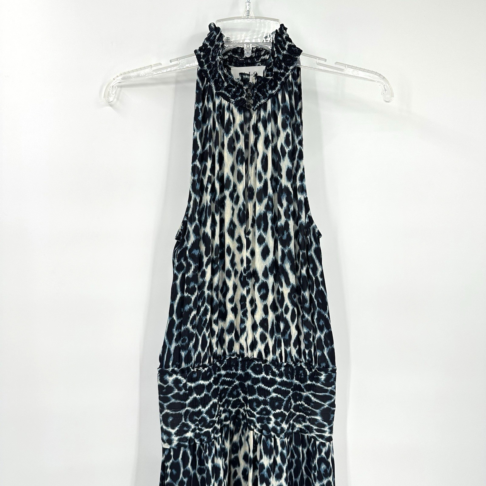 ALC CODY DRESS cream blue 2 leopard print halter cutout 100% silk midi sundress