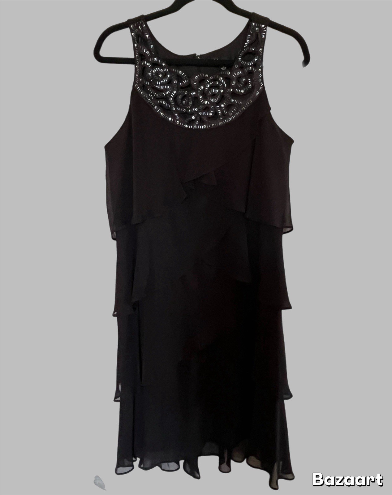 S L Fashions Sleeveless Party Chiffon Formal Dress Size 12 Black Ruffles Sequin