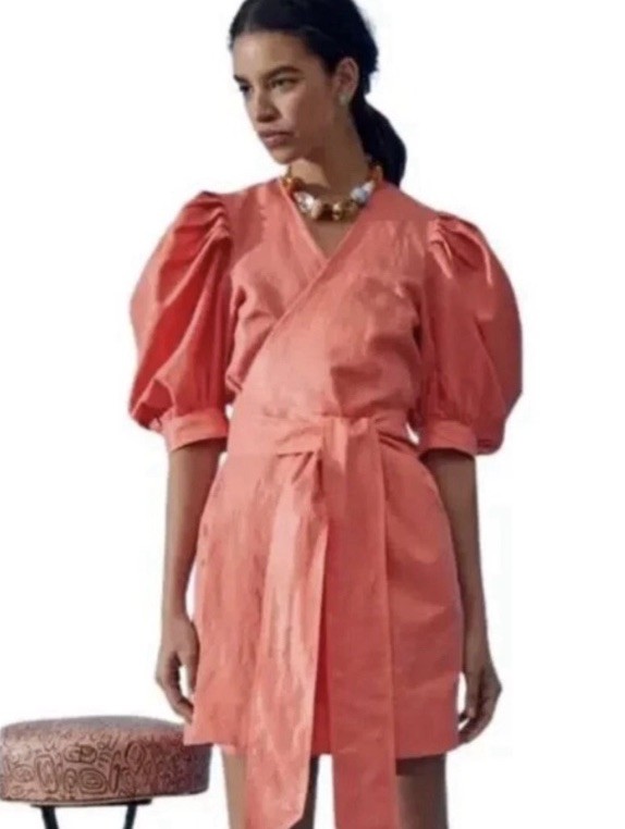 Hunter Bell The Hampton Wrap Dress Large Melon Orange Puff Sleeve Party XL