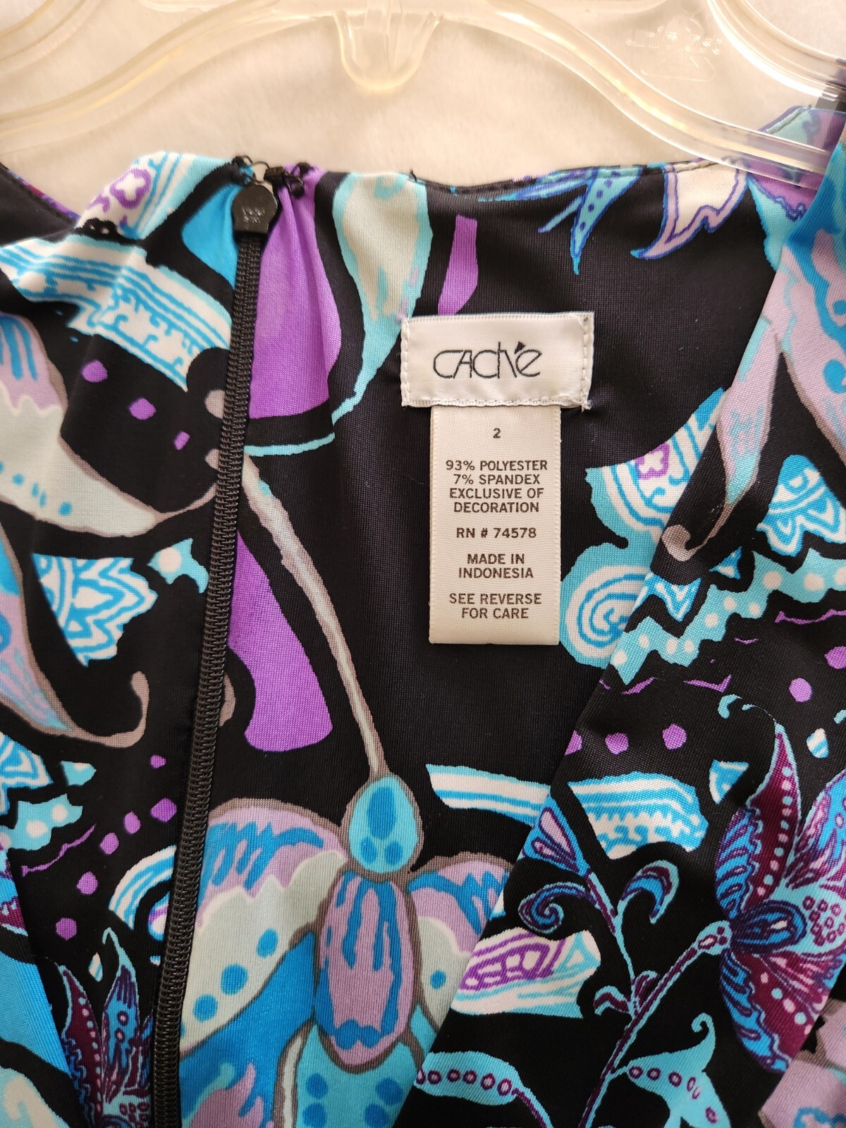 Cach’e Dress Sz-2 Blue Purple Paisley Floral w/Gold Accents Sexy Wrap Hip Buckle